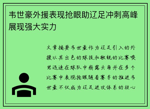 韦世豪外援表现抢眼助辽足冲刺高峰展现强大实力