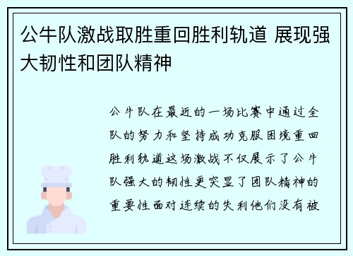 公牛队激战取胜重回胜利轨道 展现强大韧性和团队精神