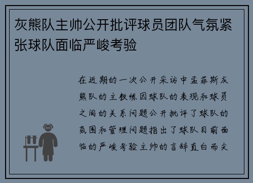 灰熊队主帅公开批评球员团队气氛紧张球队面临严峻考验