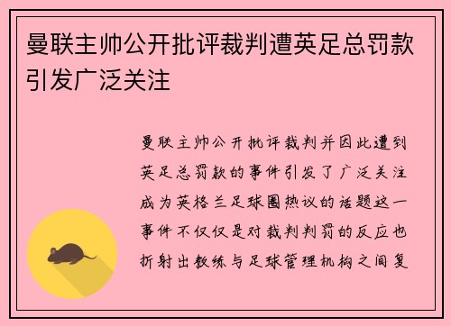 曼联主帅公开批评裁判遭英足总罚款引发广泛关注